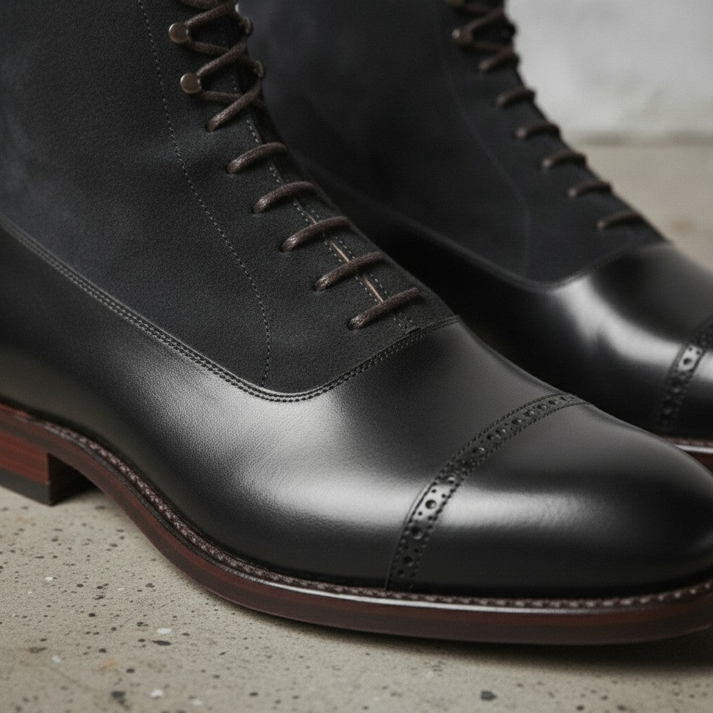 Men's Black and Dark Blue Cap-Toe Leather Derby Boots — Smedley