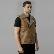 Men's Tan Studded Leather Biker Jacket