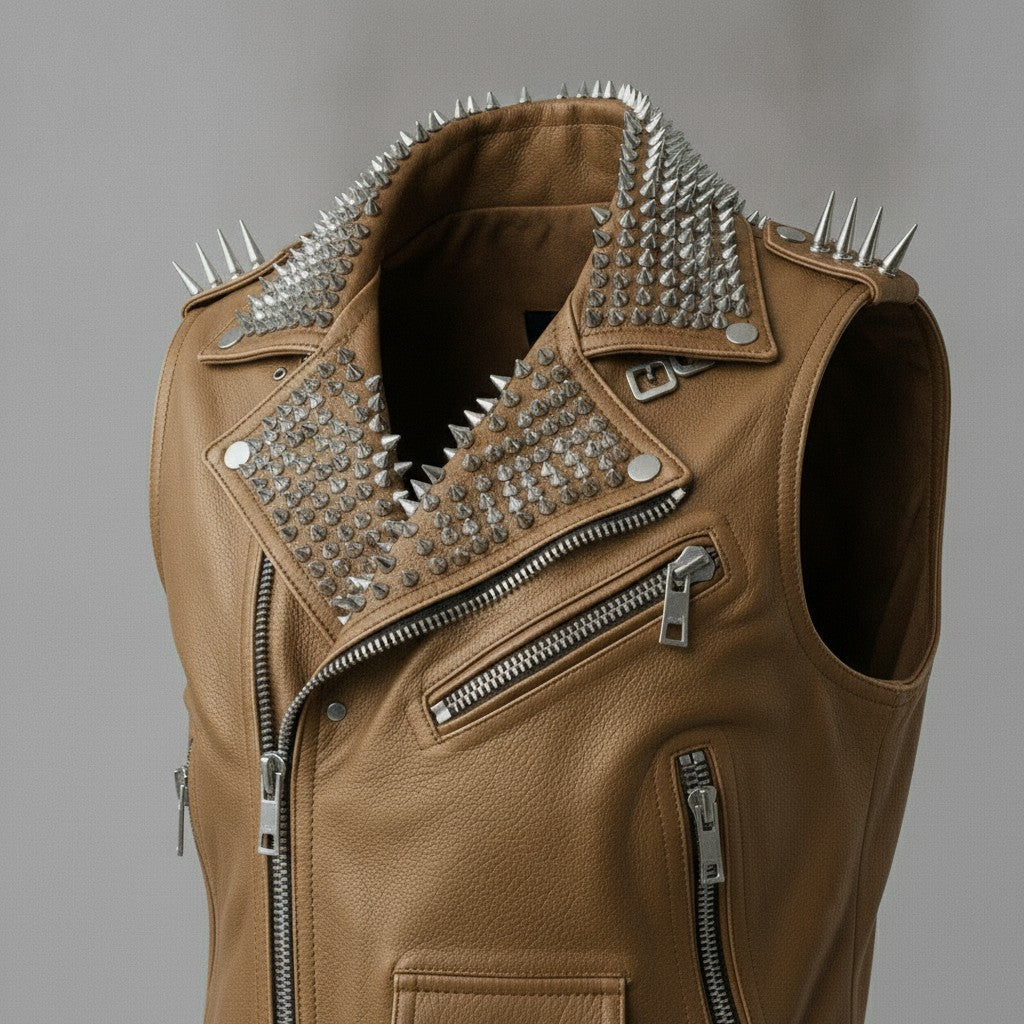 Men's Tan Studded Leather Biker Jacket