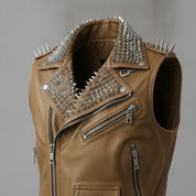 Men's Tan Studded Leather Biker Jacket