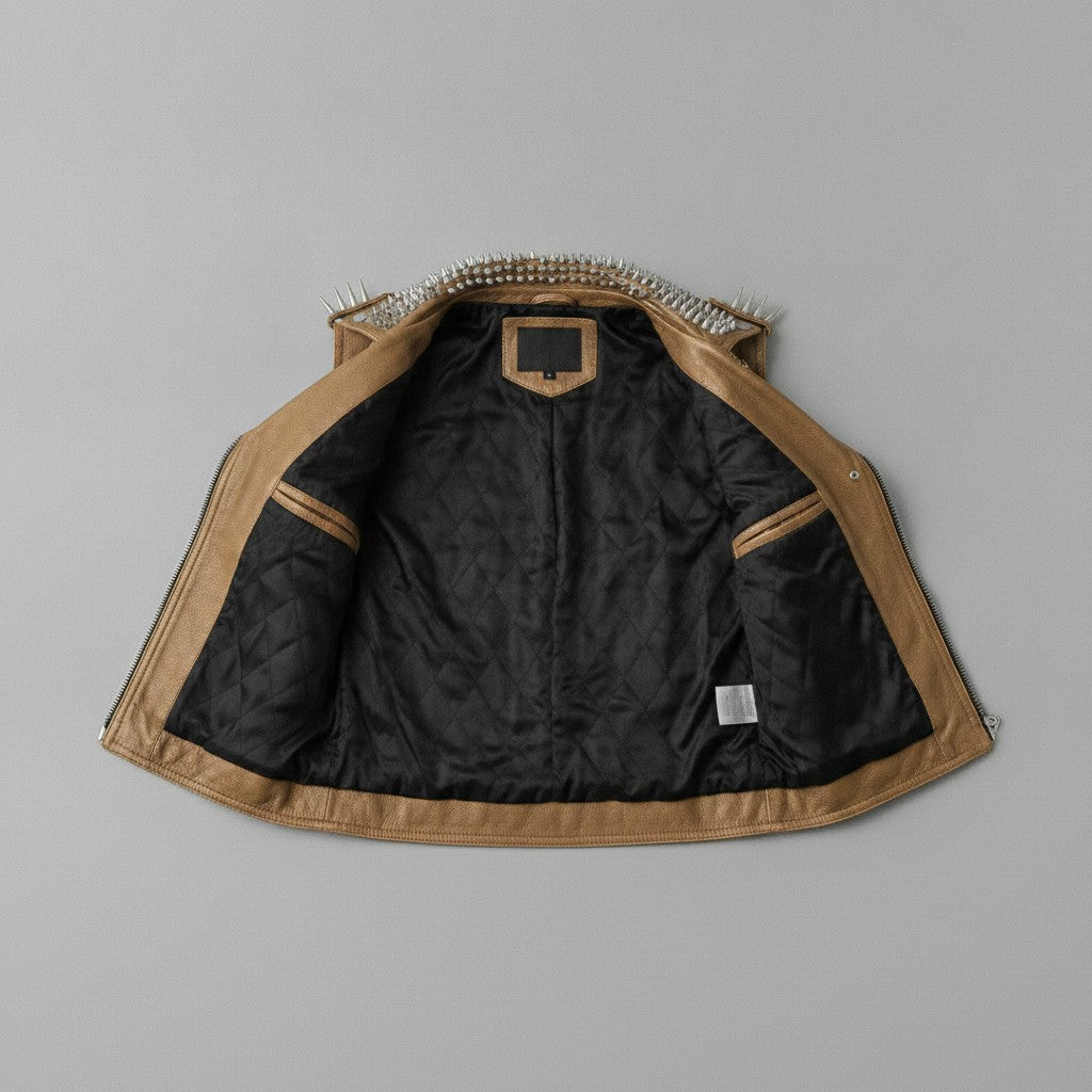 Men's Tan Studded Leather Biker Jacket