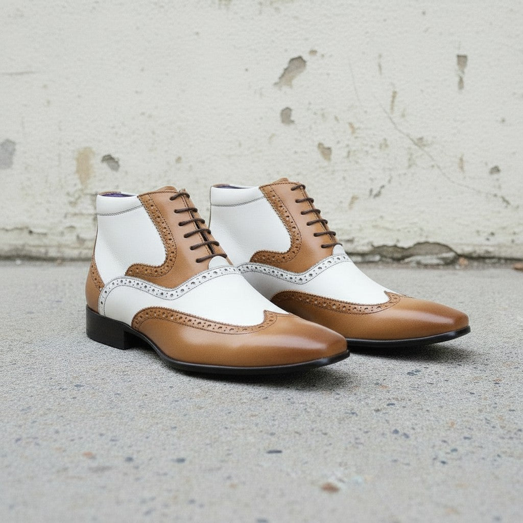 Men's Tan and White Wingtip Leather Spectator Oxfords — Scott