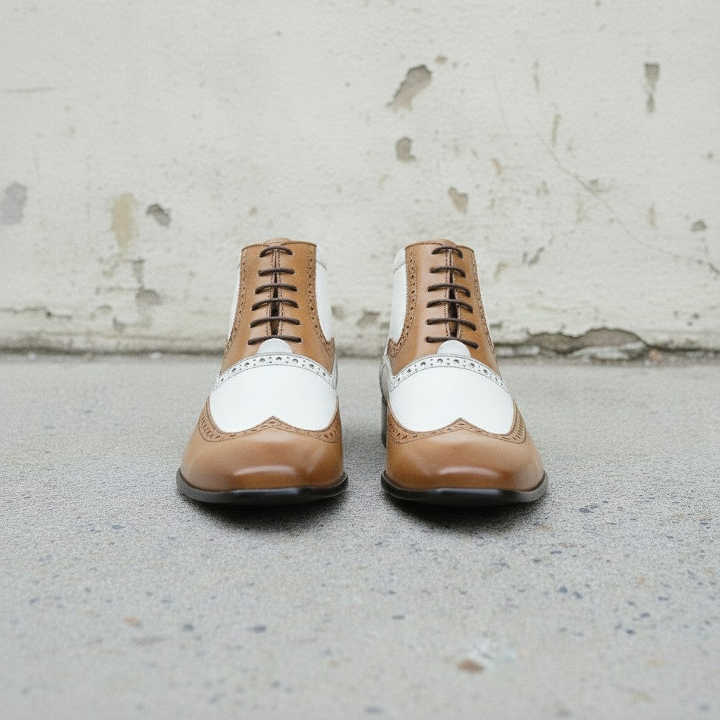 Men's Tan and White Wingtip Leather Spectator Oxfords — Scott