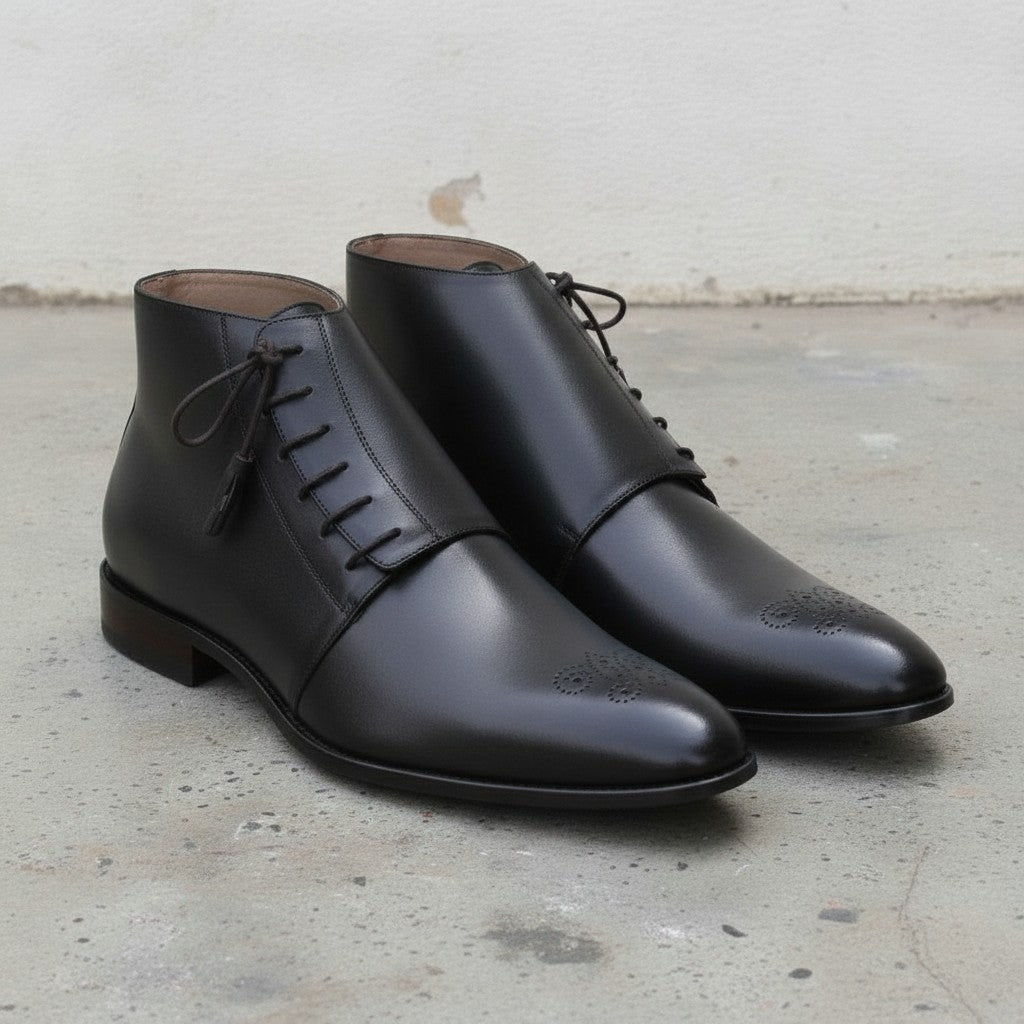Men's Black Medallion-Toe Leather Side-Lace Boots — Oldham