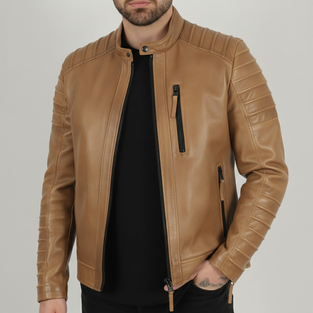 Men's Tan Quilted Leather Biker Jacket