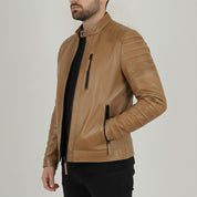 Men's Tan Quilted Leather Biker Jacket