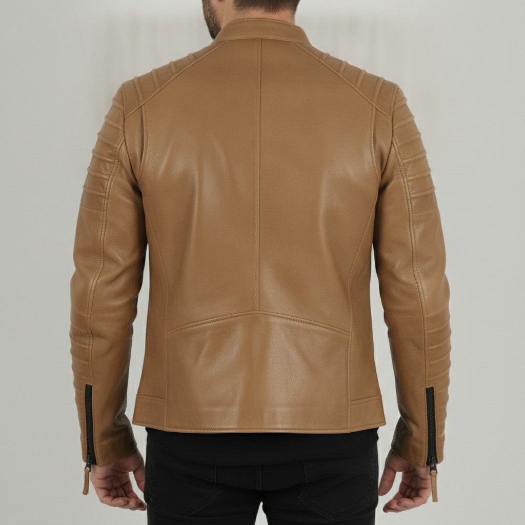 Men's Tan Quilted Leather Biker Jacket