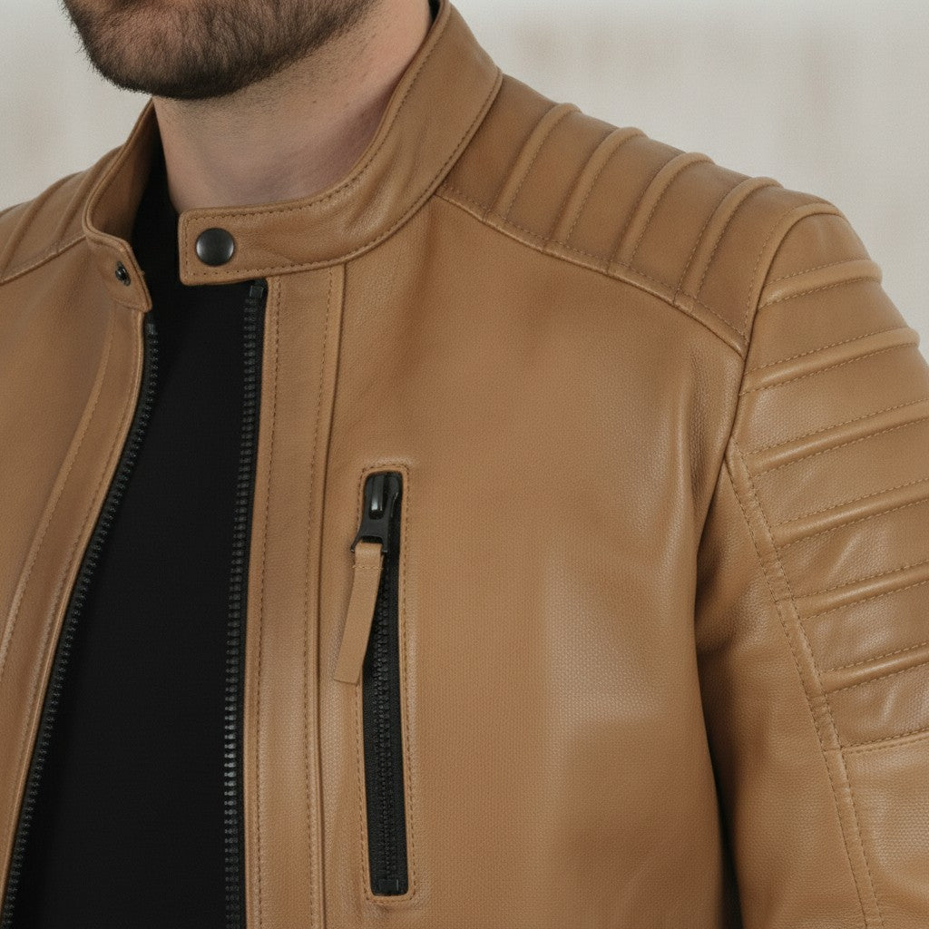 Men's Tan Quilted Leather Biker Jacket