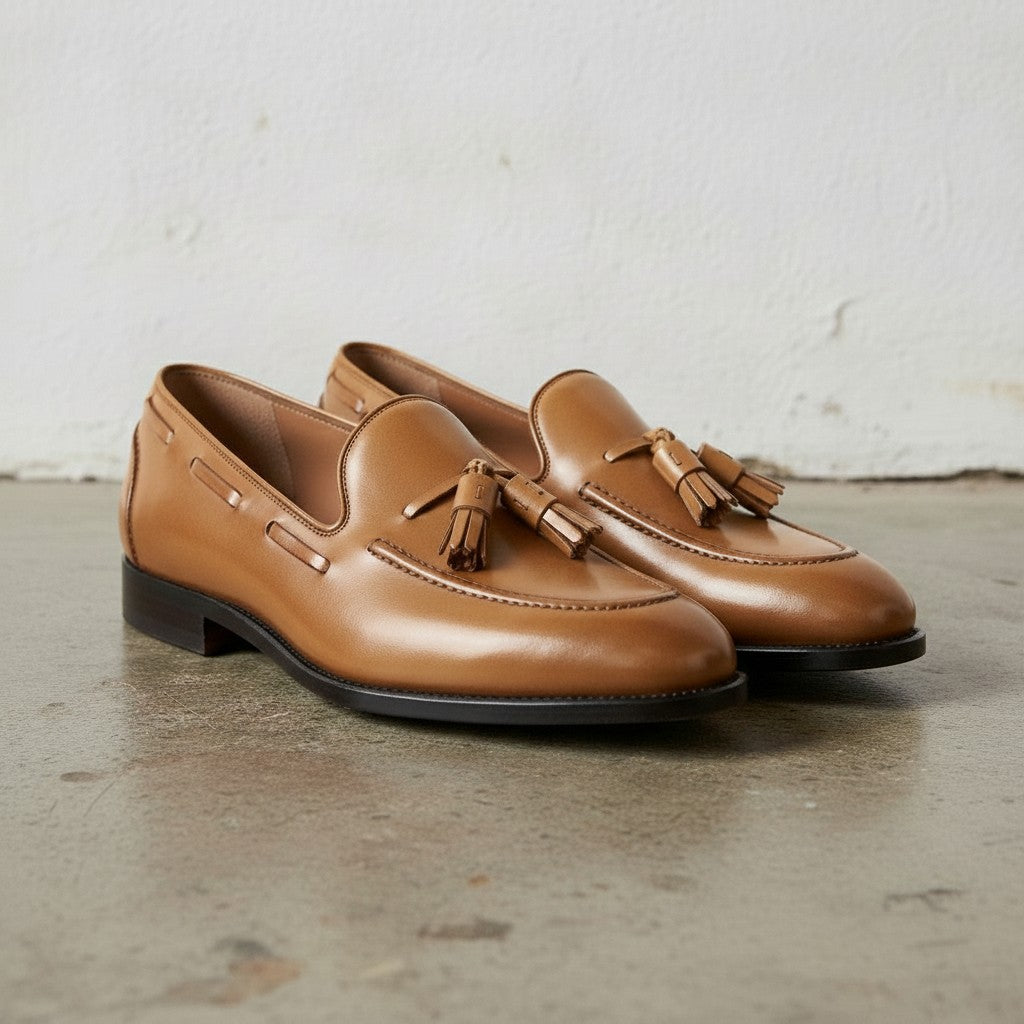 Men's Tan Apron-Toe Leather Tassel Loafers — Farnford