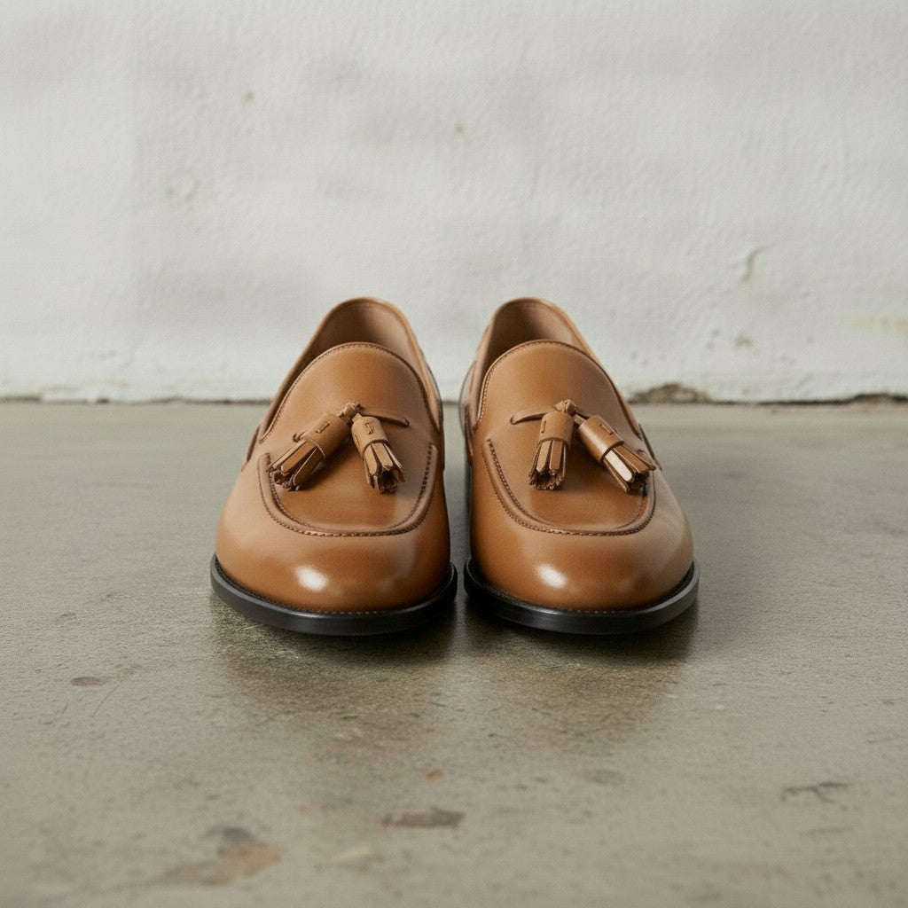 Men's Tan Apron-Toe Leather Tassel Loafers — Farnford