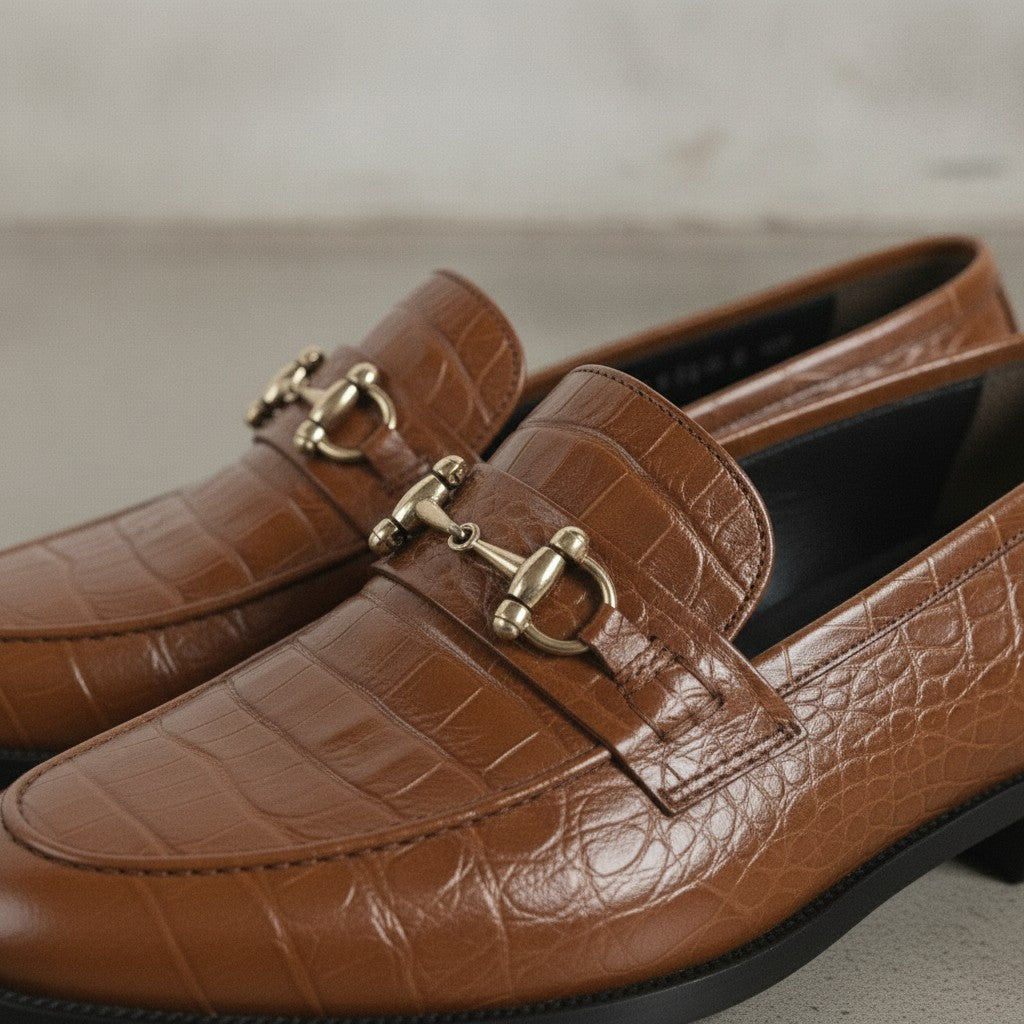 Men's Brown Crocodile-Embossed Leather Bit Loafers — Easington