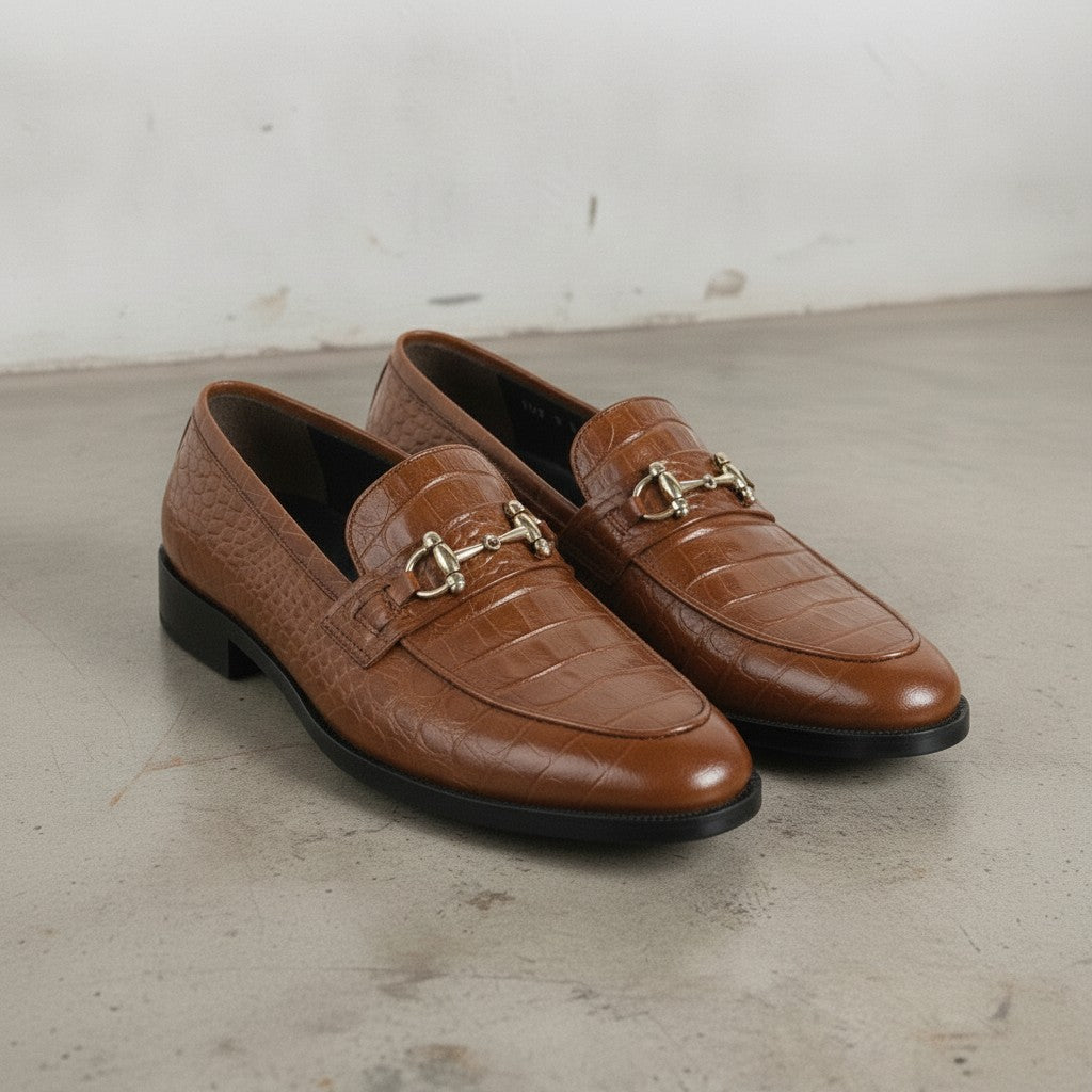 Men's Brown Crocodile-Embossed Leather Bit Loafers — Easington