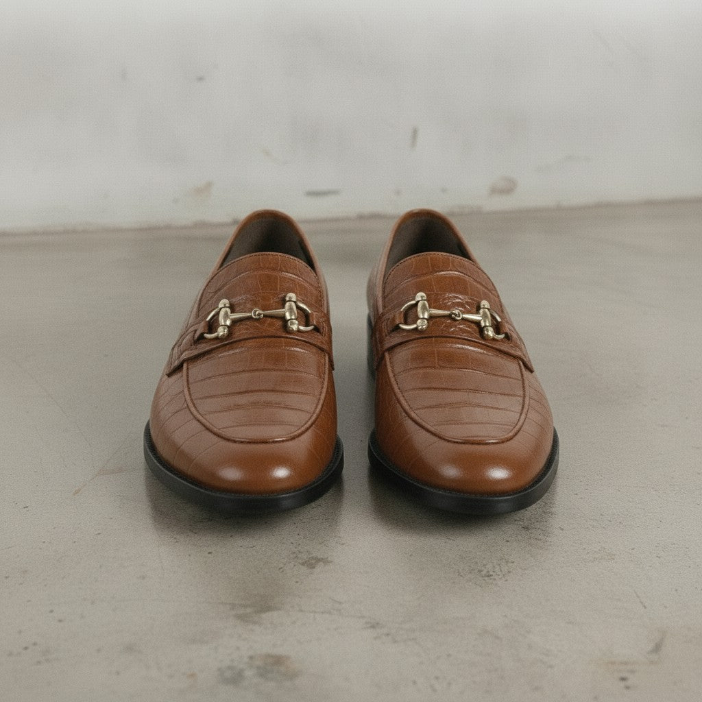 Men's Brown Crocodile-Embossed Leather Bit Loafers — Easington