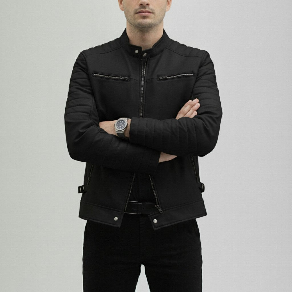 Men's Black Leather Biker Jacket — Burgess