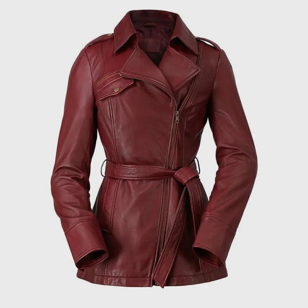 Women's Burgundy Belted Asymmetric Zipper Leather Biker Jacket
