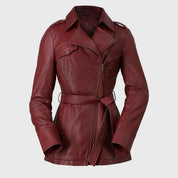 Women's Burgundy Belted Asymmetric Zipper Leather Biker Jacket