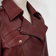 Women's Burgundy Belted Asymmetric Zipper Leather Biker Jacket