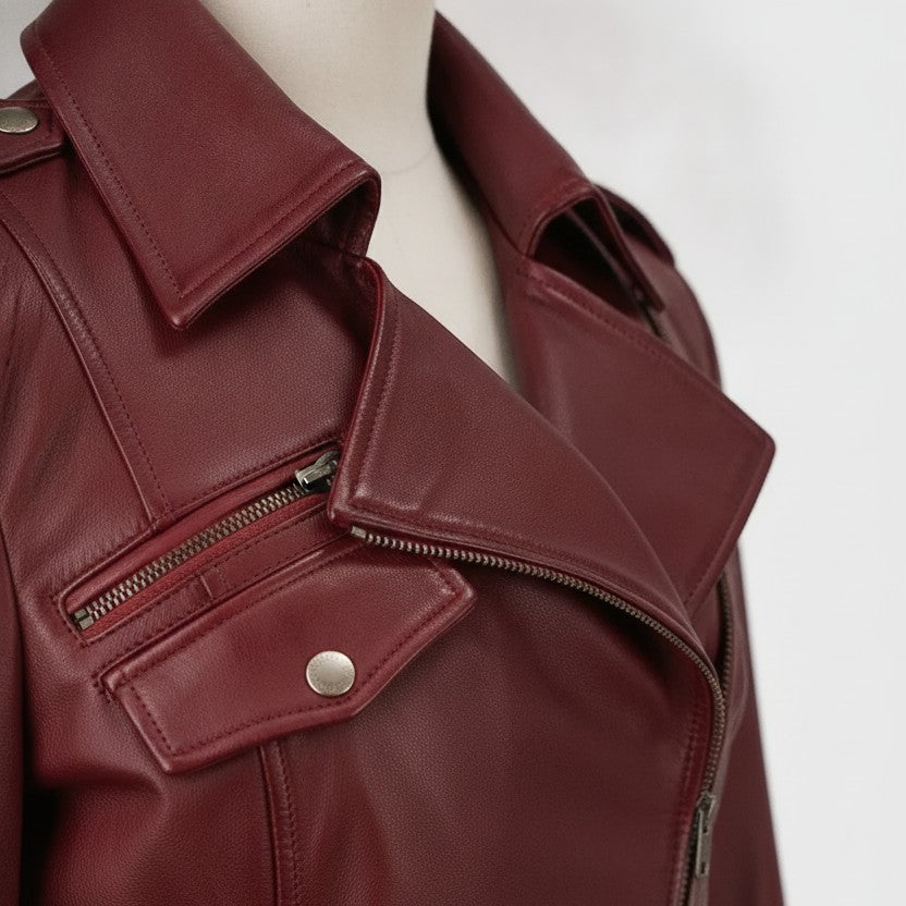 Women's Burgundy Belted Asymmetric Zipper Leather Biker Jacket