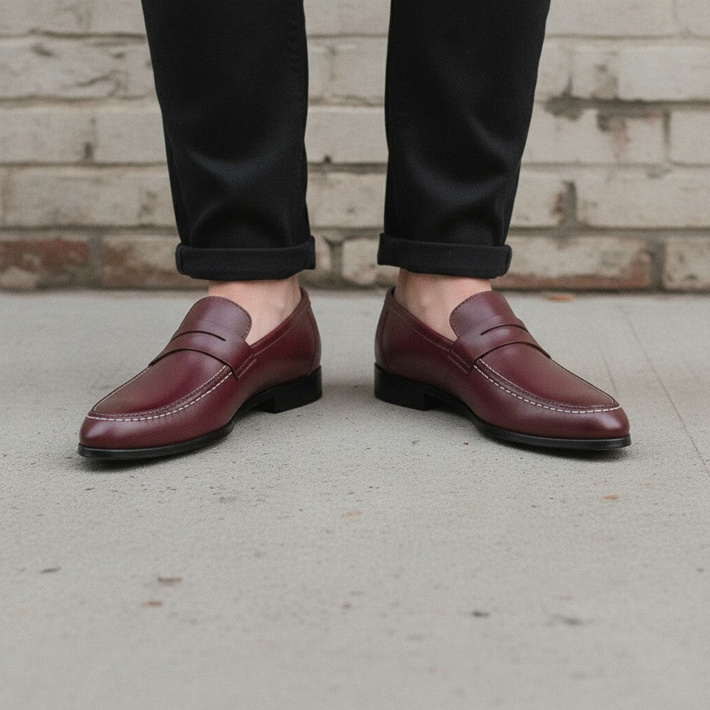 Men's Burgundy Leather Penny Loafers — Byfield