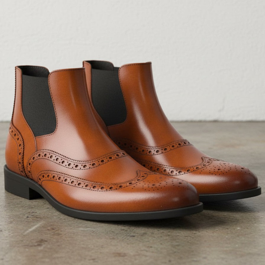 Men's Brown Wingtip Brogue Leather Chelsea Boots — Singleton — Singleton