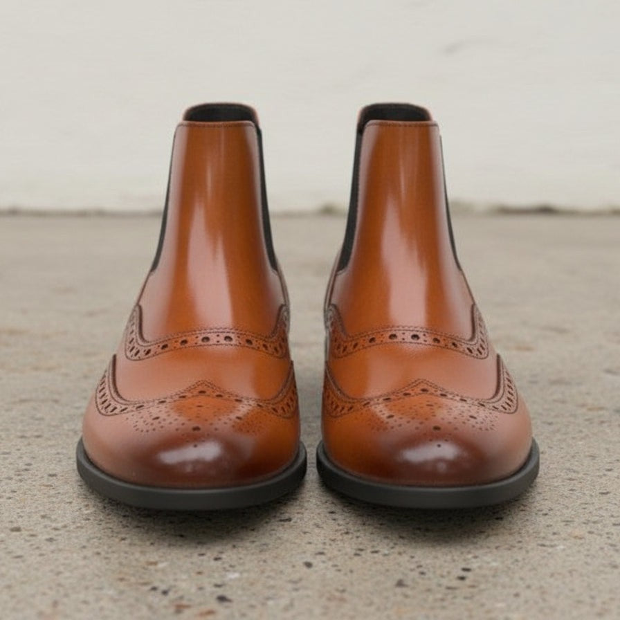 Men's Brown Wingtip Brogue Leather Chelsea Boots — Singleton — Singleton