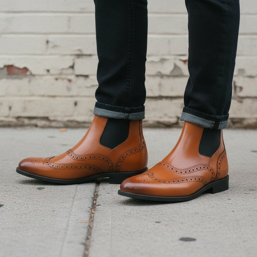 Men's Brown Wingtip Brogue Leather Chelsea Boots — Singleton — Singleton