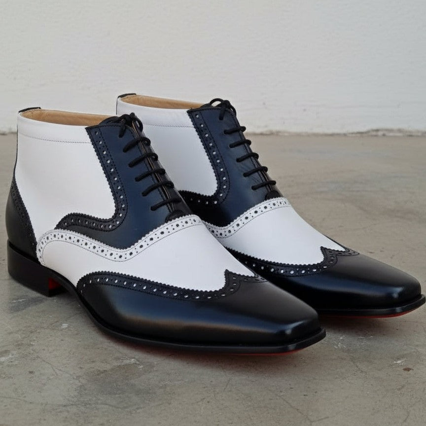 Men's Black and White Wingtip Spectator Leather Ankle Boots — Donne — Donne