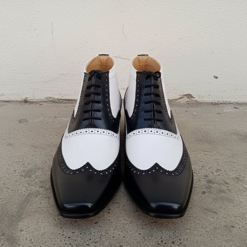 Men's Black and White Wingtip Spectator Leather Ankle Boots — Donne — Donne