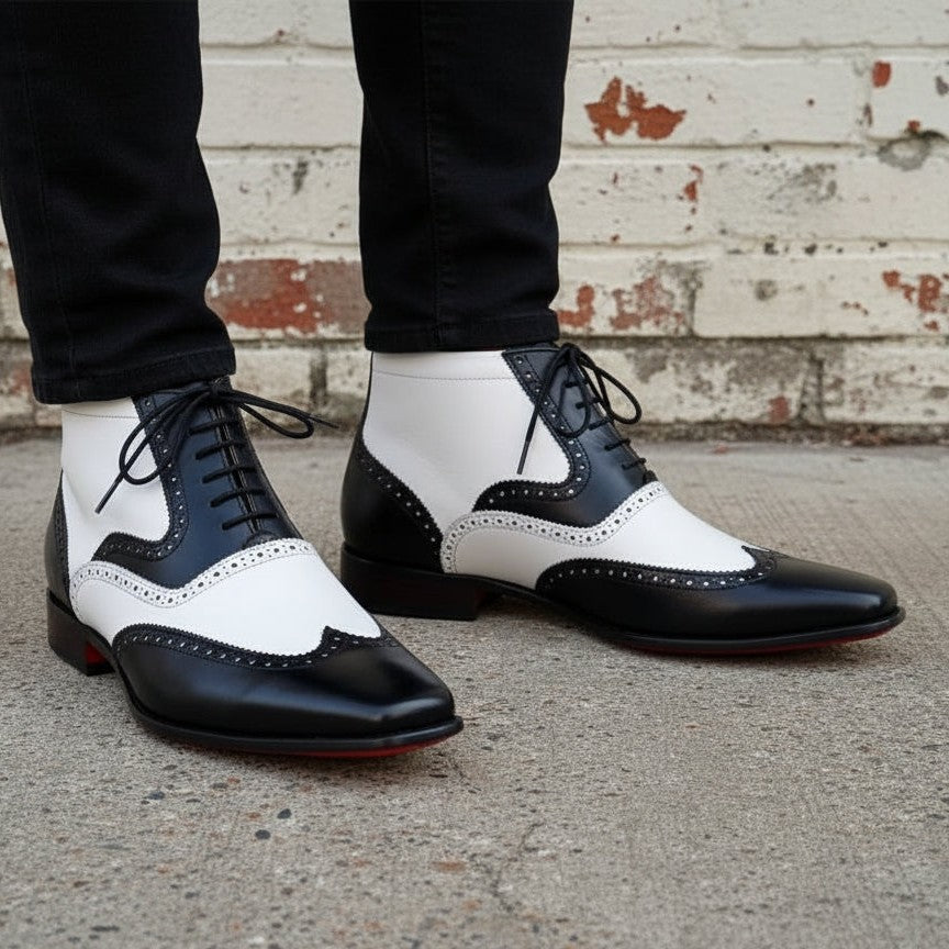 Men's Black and White Wingtip Spectator Leather Ankle Boots — Donne — Donne