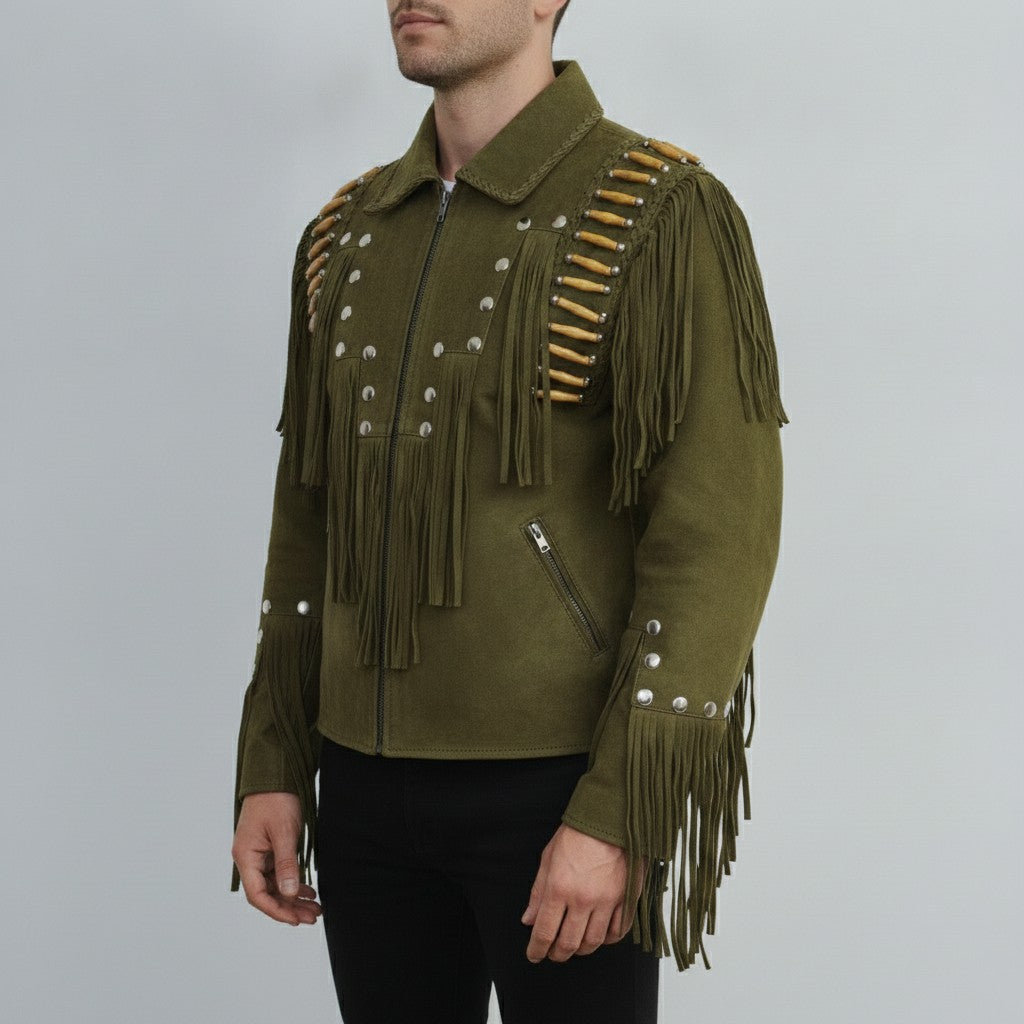 Men's Olive Green Suede Leather Biker Jacket — Cheswick