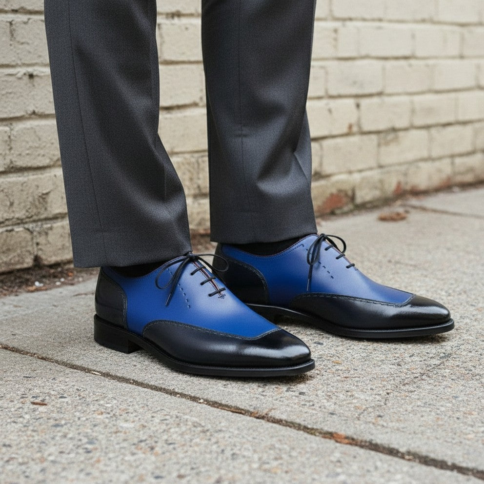Men's Black and Blue Cap-Toe Leather Oxfords