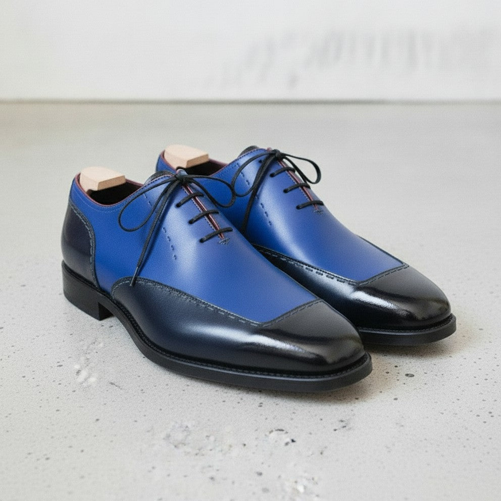 Men's Black and Blue Cap-Toe Leather Oxfords