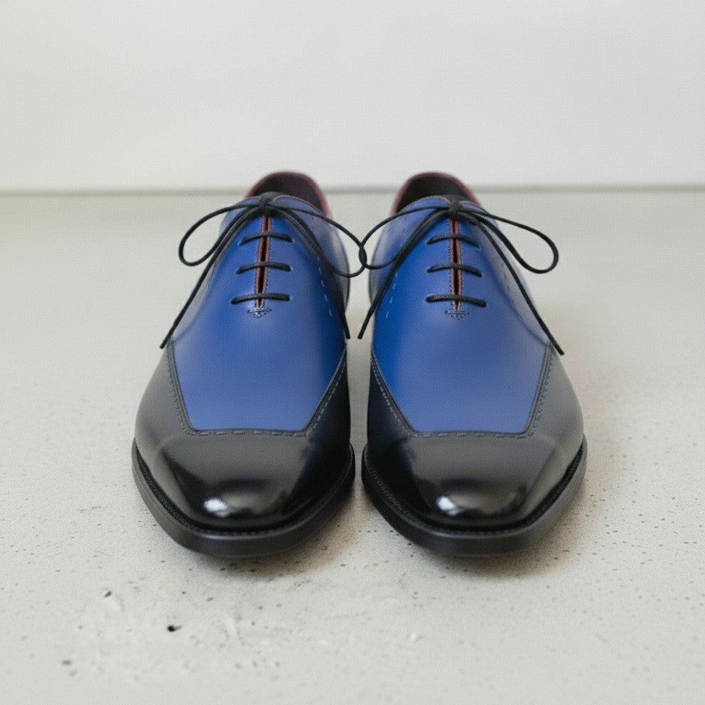 Men's Black and Blue Cap-Toe Leather Oxfords