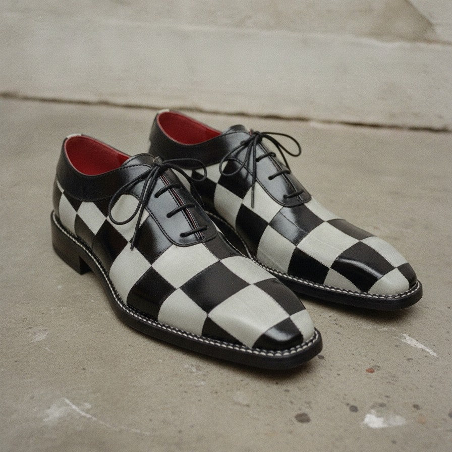 Men's Black and Off-White Checkerboard Leather Plain-Toe Oxfords — Abbotley