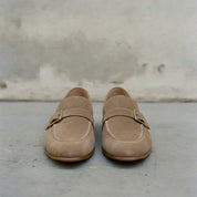Men's Taupe Moc-Toe Suede Buckle Loafers