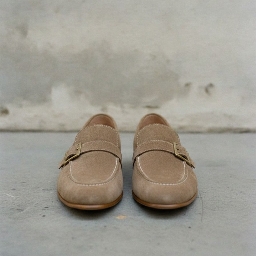 Men's Taupe Moc-Toe Suede Buckle Loafers