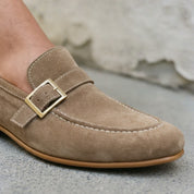 Men's Taupe Moc-Toe Suede Buckle Loafers