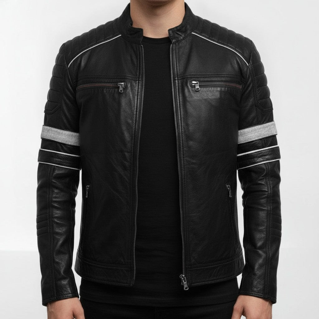 Men's Black Leather Biker Jacket with Stripes — Pendleton