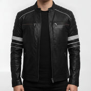 Men's Black Leather Biker Jacket with Stripes — Pendleton