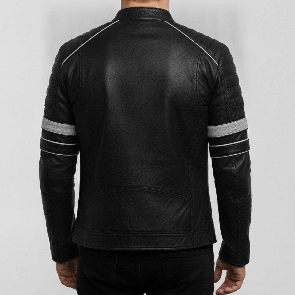 Men's Black Leather Biker Jacket with Stripes — Pendleton