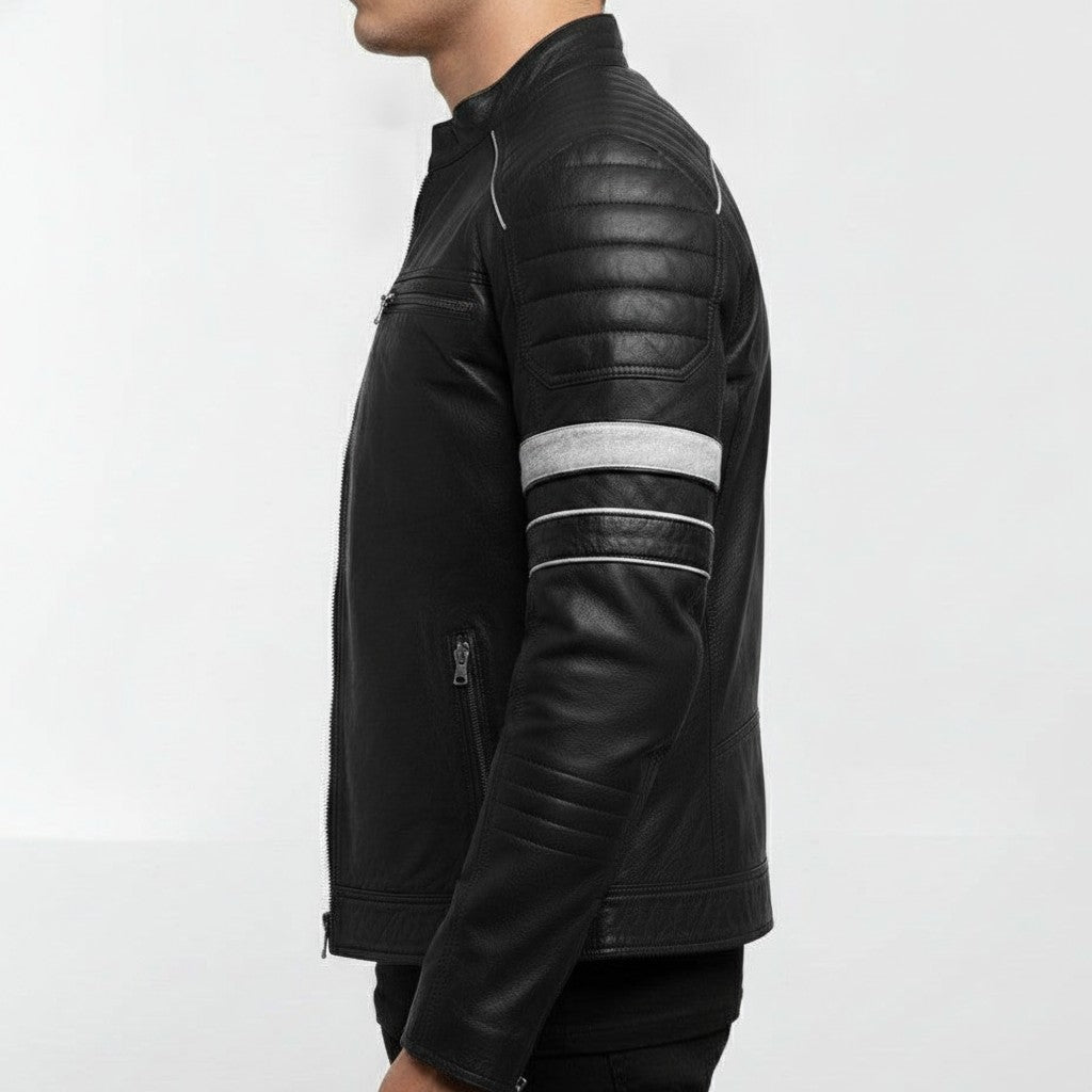 Men's Black Leather Biker Jacket with Stripes — Pendleton
