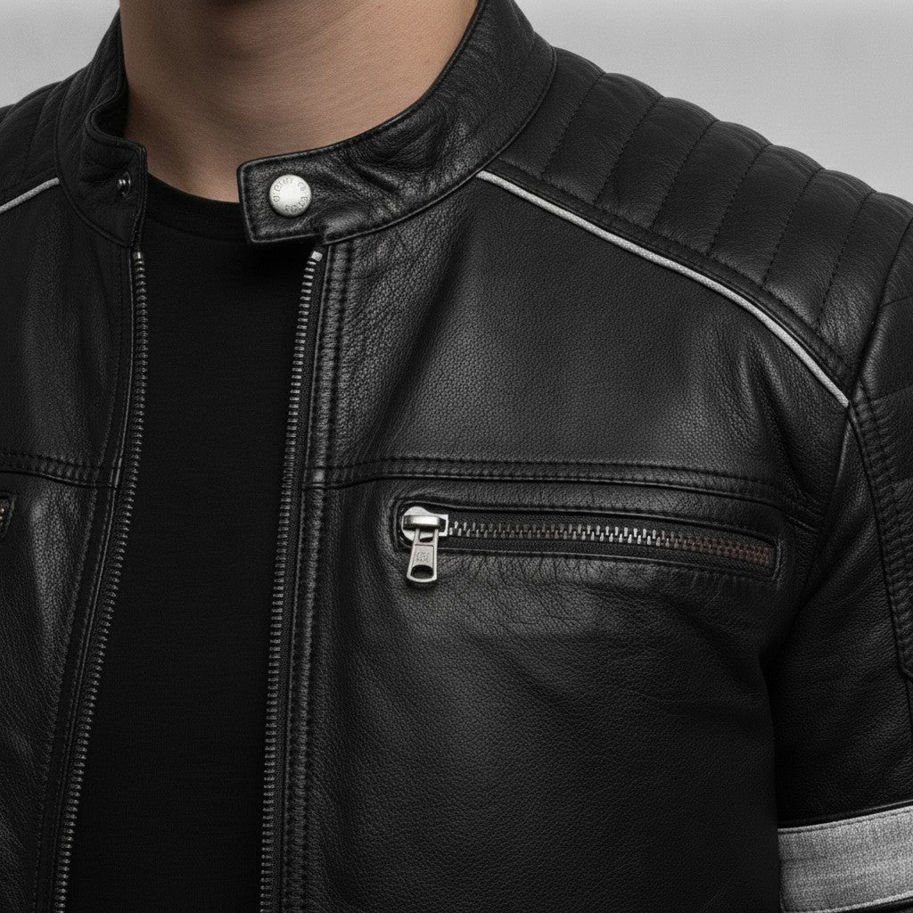 Men's Black Leather Biker Jacket with Stripes — Pendleton