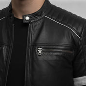 Men's Black Leather Biker Jacket with Stripes — Pendleton