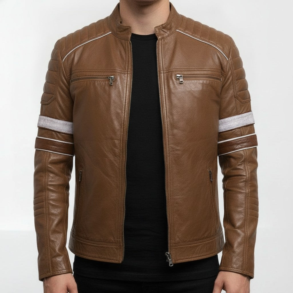 Men's Brown Leather Biker Jacket with Stripes — Pendleton
