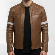 Men's Brown Leather Biker Jacket with Stripes — Pendleton