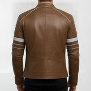 Men's Brown Leather Biker Jacket with Stripes — Pendleton