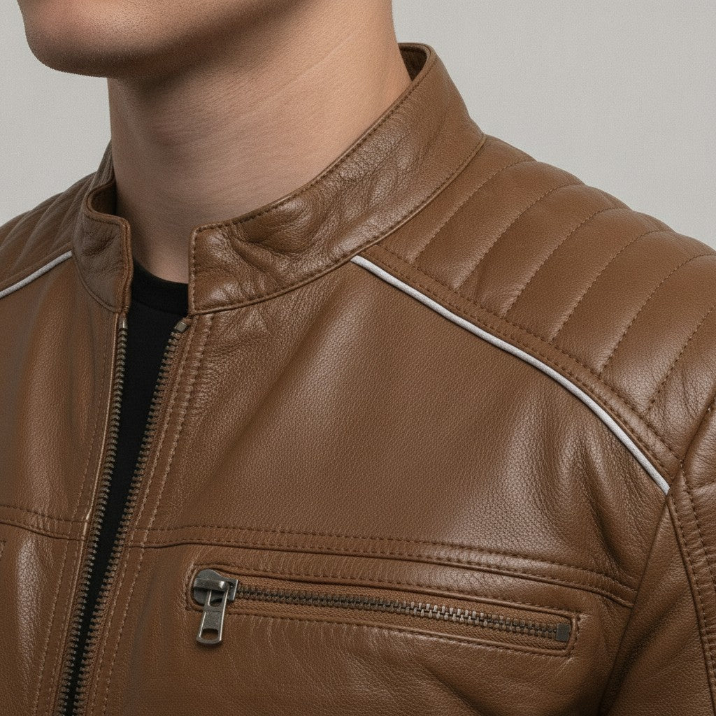 Men's Brown Leather Biker Jacket with Stripes — Pendleton