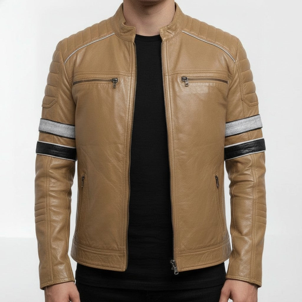 Men's Tan Leather Biker Jacket with Stripes — Pendleton