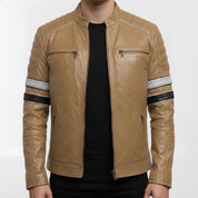 Men's Tan Leather Biker Jacket with Stripes — Pendleton