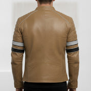 Men's Tan Leather Biker Jacket with Stripes — Pendleton